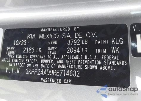 2024 Kia Forte Lxs from USA, damaged, VIN 3KPF24AD9RE714632